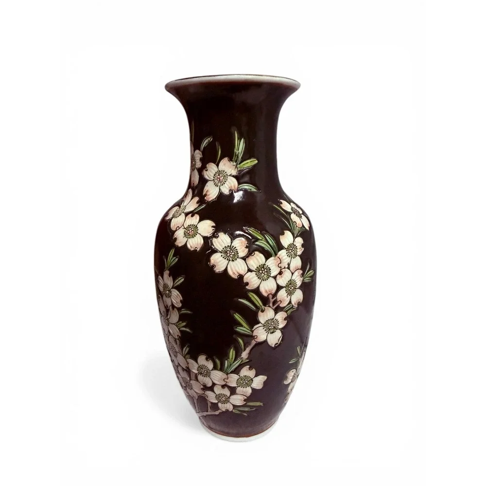 Vintage Japanese Vase Chinoiserie Cherry Blossom Dogwood Flower 8